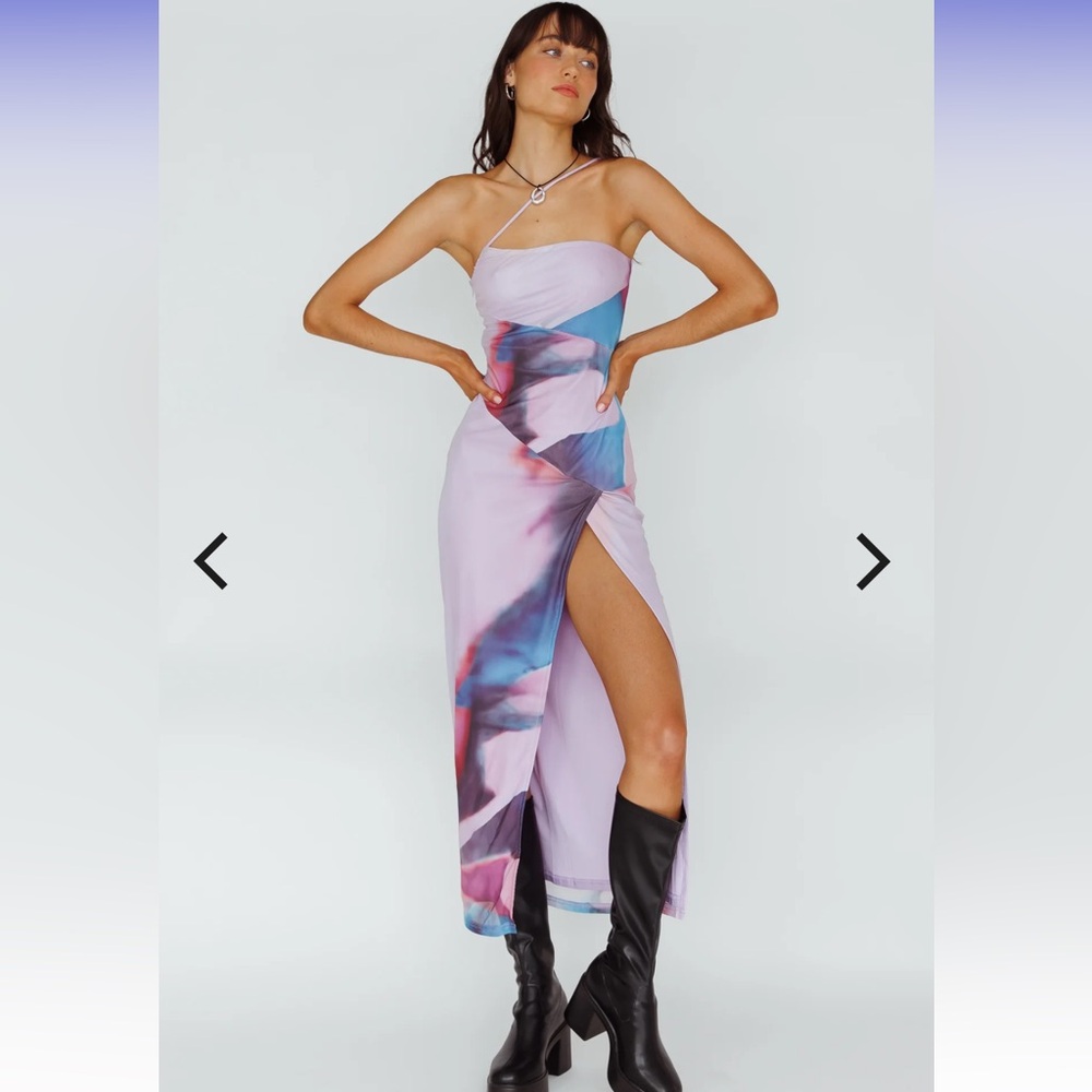 NWOT Martine One Strap Mesh Midi Dress Print Plum - Med